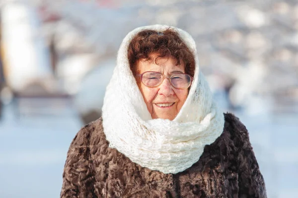 Stara kobieta spaceru w parku zimowym — Zdjęcie stockowe