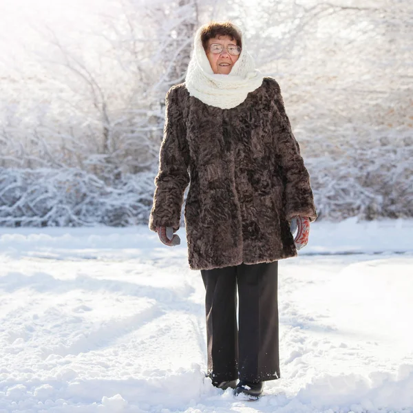Oude vrouw wandelen in winter park. — Stockfoto