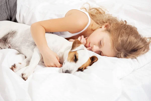 Barn som sover med hund — Stockfoto
