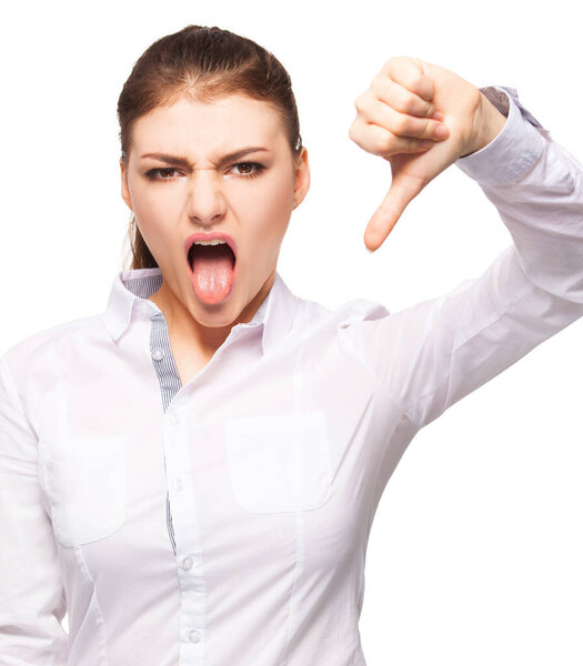 Woman showing thumbs down