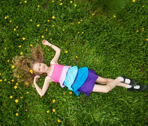 Child at summer with dandelion — Stock Photo, Image