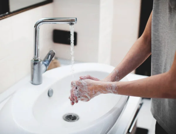 Washing hands rubbing with soap man — Stock Photo, Image