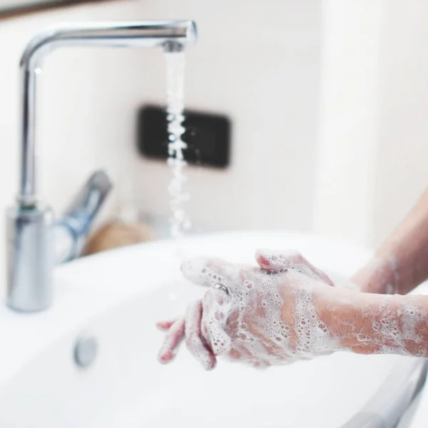 Washing hands rubbing with soap man — Stock Photo, Image