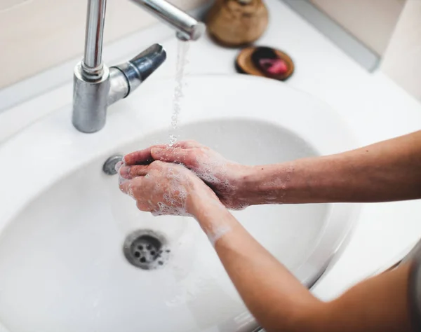 Washing hands rubbing with soap man — Stock Photo, Image