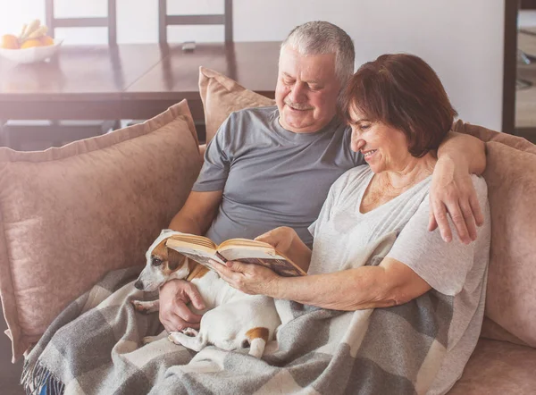 Felice coppia anziana seduta sul divano a casa — Foto Stock