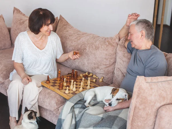 Ouderen die thuis schaak spelen — Stockfoto