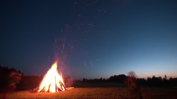 Zeitraffer des Lagerfeuers am Johannistag auf der Wiese — Stockvideo