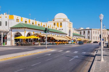RHODES, GREECE - JULY 5, 2015: View to city market (Nea Agora) building on a main street