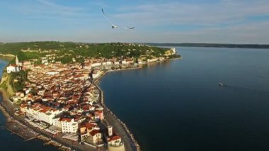 eski şehir Piran, havadan görünümü üzerinde kuşlar ile 4 k. Amazing uçuş. Slovenya