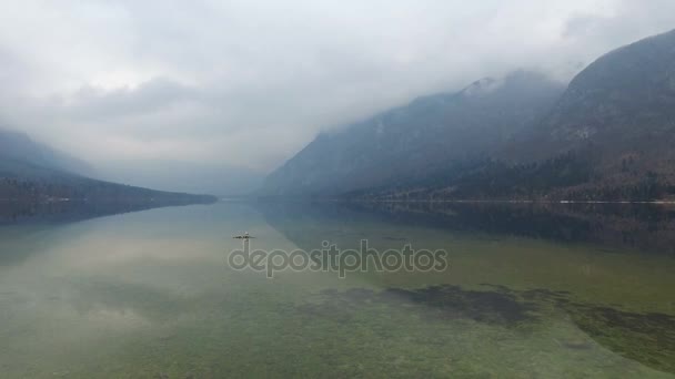 4K. Incrível Lago Bohinj em tempo nebuloso e pássaro na pedra, vista panorâmica. Julian Alps, Parque Nacional de Triglav, Eslovénia, Europa. Hora de Inverno — Vídeo de Stock