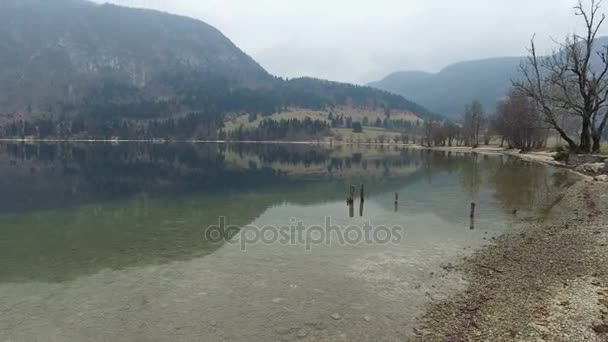 4K. Increíble lago Bohinj en el tiempo brumoso, vista panorámica. Julian Alps, Parque Nacional de Triglav, Eslovenia, Europa. Tiempo de invierno — Vídeo de stock