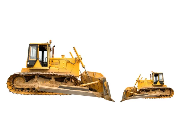 Two heavy dirty building bulldozers of yellow color: big and sma — Stock Photo, Image