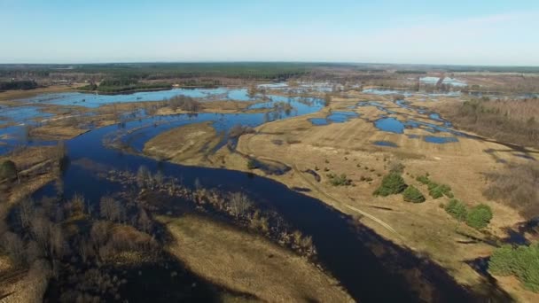 4К. Полет над затопленной голубой рекой весной, панорамный вид с воздуха . — стоковое видео