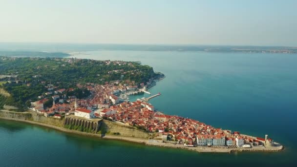 4К. Flight over old city Piran in the morning, aerial panoramic view with old houses, Tartini Square, St. George 's Parish Church, fortress and marina — стоковое видео