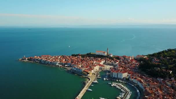 4K. Voo sobre a cidade velha Piran pela manhã, vista panorâmica aérea com Praça Tartini, Igreja Paroquial de São Jorge, marina e casas antigas — Vídeo de Stock