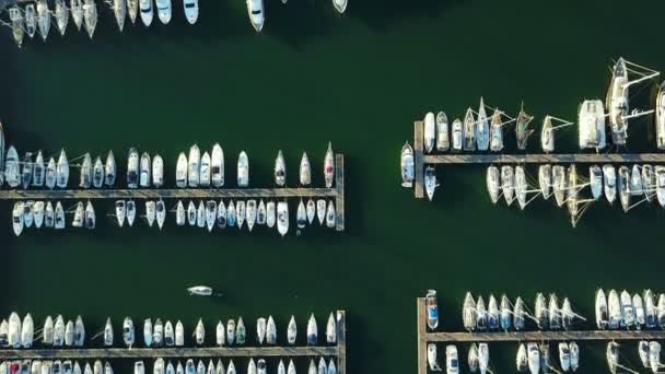 4 k. vlucht over jachthaven met aangemeerde jachten en schepen, luchtfoto vogelperspectief uitzicht bij zonsondergang — Stockvideo