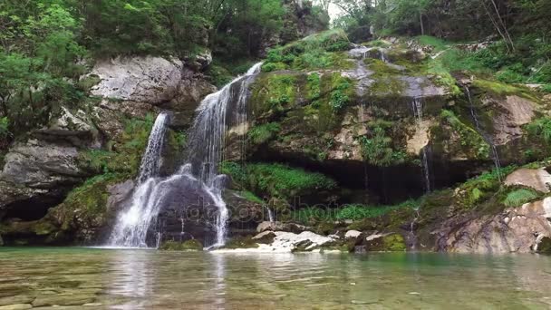 4 k. waterval Virje in de Sloveense Alpen, schone blauwe water en groene bossen. Julische Alpen, Bovec district, Slovenië, Europa. — Stockvideo
