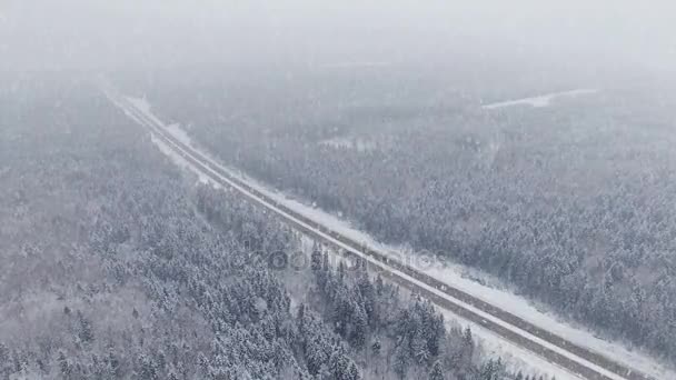 4 k. 積雪で車の運転で冬の森の道。空中パノラマ ビュー。消失点の透視図法. — ストック動画