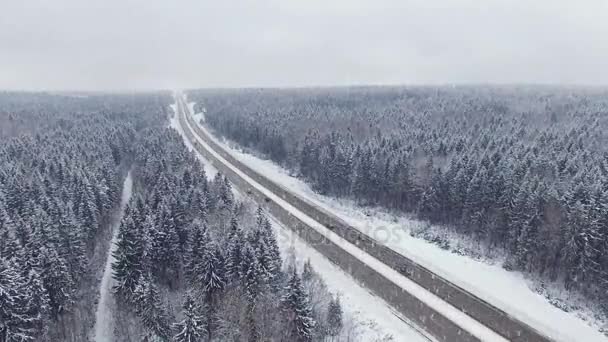 4 k. Road i skogen vintern med att köra bilar på snöfall. Panoramautsikt över Flygfoto. Gränspunkt perspektiv. — Stockvideo