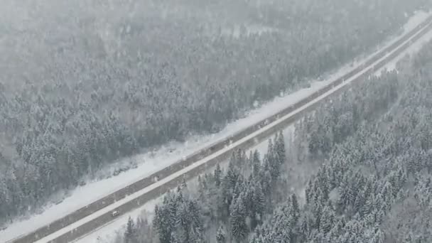 Vägen Skogen Vintern Med Att Köra Bilar Snöfall Panoramautsikt Över — Stockvideo