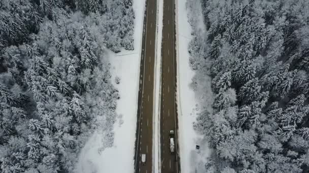 4K. Vol au-dessus de la route dans la forêt gelée d'hiver avec voitures de conduite. Vue panoramique aérienne. Point de fuite perspective .