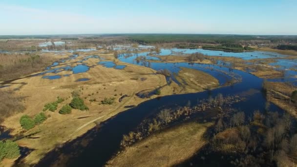 Uçuş Erken Baharda Havadan Panoramik Görünümü Sular Altında Mavi Nehir — Stok video