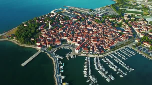 Derleme Video Uçuş Tarihi Kent Izola Slovenya Hava Panoramik Marina — Stok video