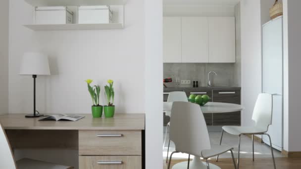 4 k Video kompilace. Interiér moderní byt ve skandinávském stylu s kuchyní a pracovišti. Panoramatický pohled pohybu s jablky a květiny.