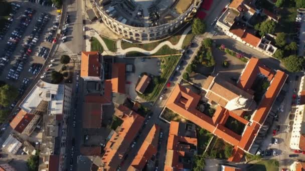 Aerial Top View Roman Amphitheatre Pula Istria Croatia Europe — Stock Video