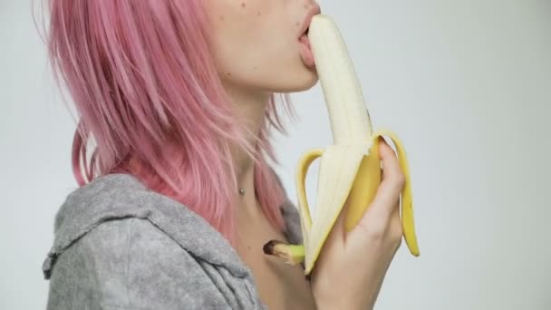 Woman lick and Eating Banana — Stock Video