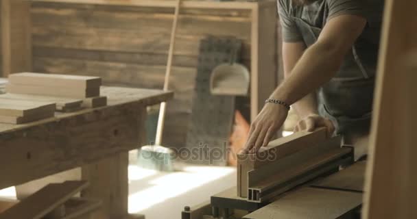 Placas de corte homem com serra elétrica, em uma oficina de carpintaria — Vídeo de Stock
