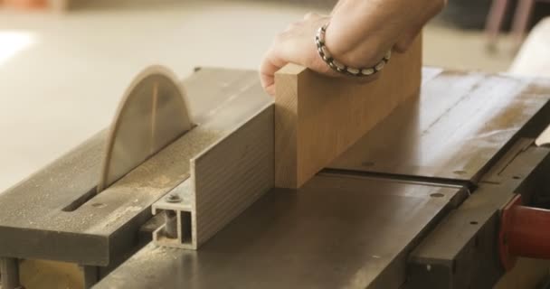 Tableros de corte hombre con sierra eléctrica, en un taller de carpintería — Vídeo de stock