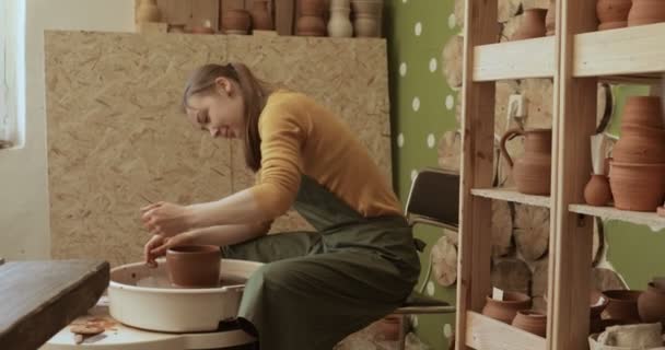 Potter trabajando en la rueda de alfarero — Vídeo de stock