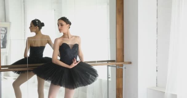 Ballerina stretches on bar, graceful girl practicing ballet in the Studio — Stock Video