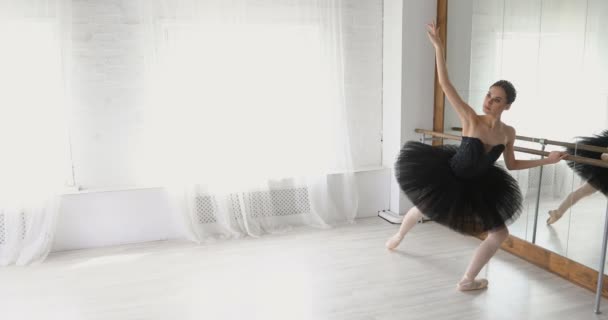 Bailarina se estira en el bar, chica elegante practicando ballet en el estudio — Vídeo de stock