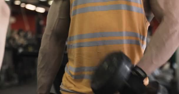 Spor vücut geliştirmeci genç adam zor eğitim kas egzersiz jimnastik salonu — Stok video