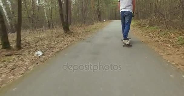 Un uomo sul suo pattino da longboard in un parco. Tracking shot — Video Stock
