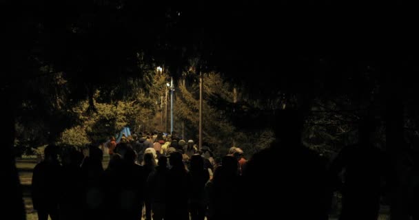 Menschen, die nachts im Park spazieren gehen. Schattensilhouette von Menschen. Gruselige Nacht Landschaft Hintergrund — Stockvideo