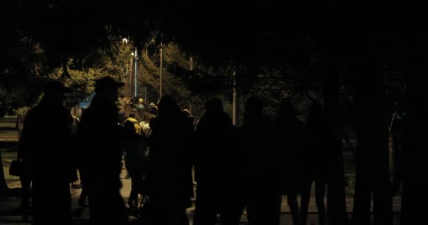 공원에서 밤에 산책 하는 사람들. 사람의 그림자 실루엣입니다. 으 시 시 밤 풍경 배경 — 비디오