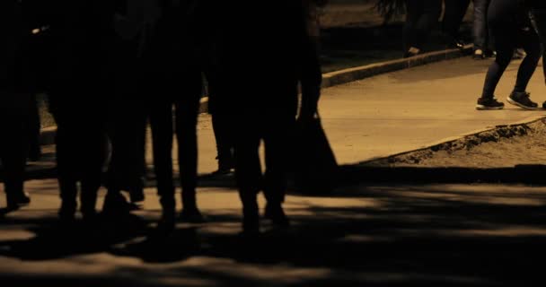 Gente caminando por la noche en el parque. silueta sombra de la gente. espeluznante paisaje nocturno de fondo — Vídeos de Stock