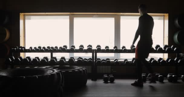 아령과 남자 아령 체육관 검은 배경으로, 밖으로 작동 하는 운동 남자의 실루엣. 피트 니스. — 비디오