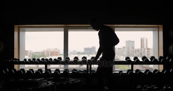 Sziluettjét sportos férfi működő ki-súlyzók tornaterem fekete háttérrel, ember a súlyzó. Fitness. — Stock videók