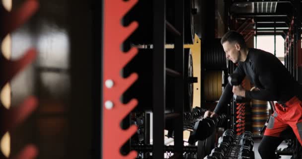 Homem de fitness executa exercício de bíceps com halteres. Atleta com músculos de flexão de halteres no ginásio. desporto, musculação, estilo de vida. fisiculturista exercitando bíceps no ginásio . — Vídeo de Stock