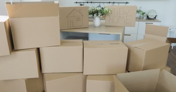 Membongkar kotak di rumah baru dan menaruh barang-barang di dapur, kotak kardus besar di rumah baru. Pindah ke konsep apartemen baru — Stok Video
