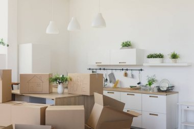 Kutuları açma yeni ev sahipleri yeni evinde büyük karton kutuları. Yeni bir daire kavram taşıma