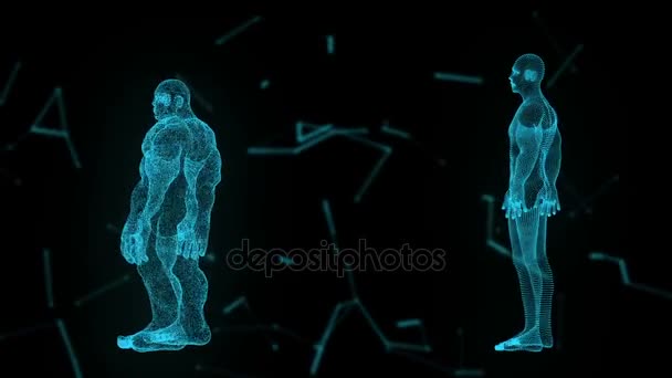 Фон с анимацией абстрактного интерфейса. Два человека тело, голова, руки, коды анимации программирования . — стоковое видео