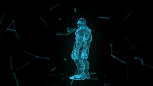 Людський аватар на віртуальній 3D голографічній проекції з футуристичною блакитною ДНК. Чоловіче рентгенівське сканування. Людське тіло — стокове відео