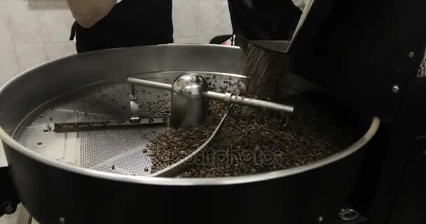 Les grains de café tombent dans un atelier de fabrication — Video