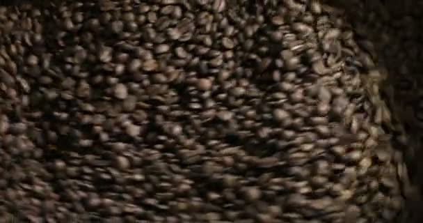 Kaffeebohnen rösten, gemischt auf Kühlplattform in einer Manufaktur-Werkstatt, Nahaufnahme — Stockvideo