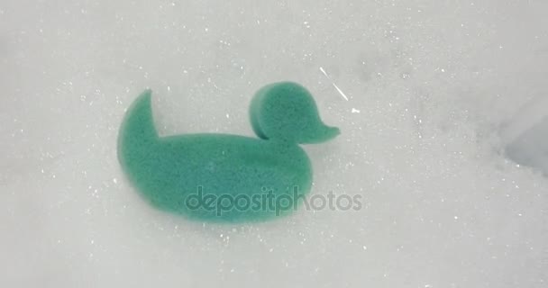 Bathroom Rubber Ducklingr floats in water with copy space — Stock Video